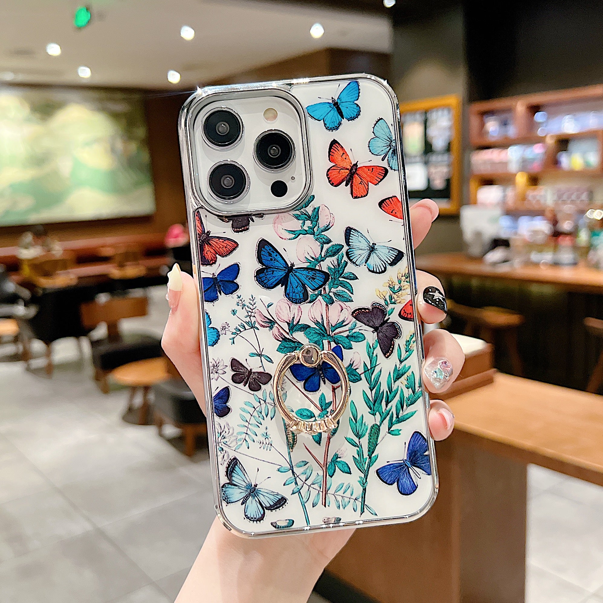 Uniqkart for iPhone 13 Pro Max 6.7 inch Ring Kickstand IMD Flower Pattern Phone Case Electroplating PC+TPU Cover - Style D