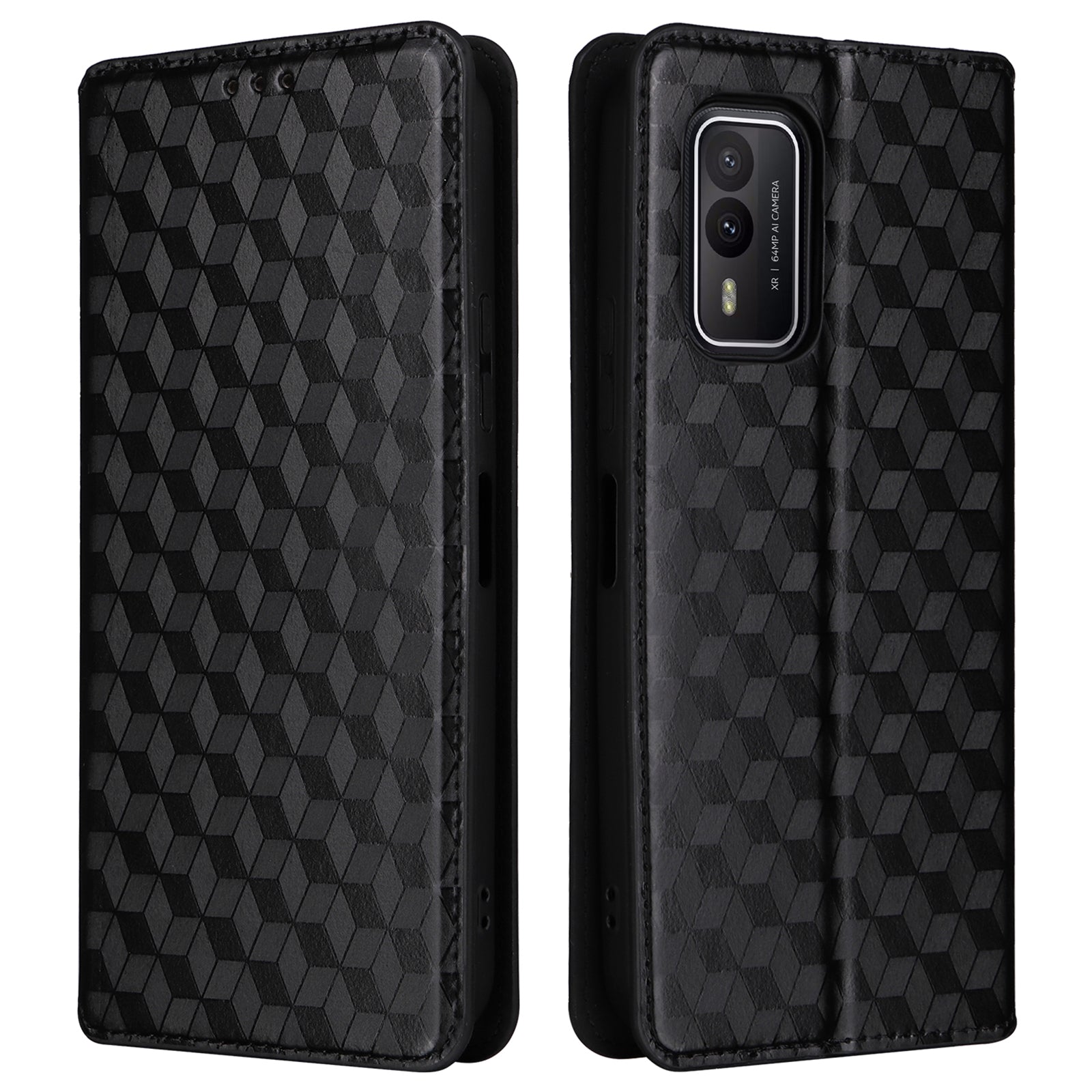 Rhombus Imprinted Shell for Nokia XR21 Bump Proof Phone Cover Stand PU Leather Case - Black