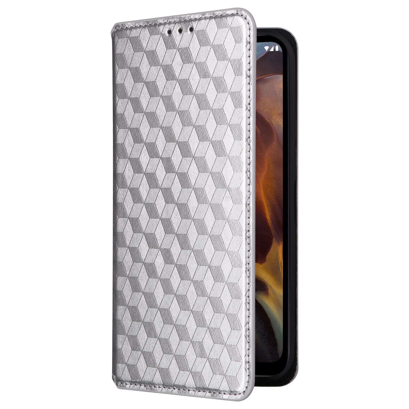 Rhombus Imprinted Shell for Nokia XR21 Bump Proof Phone Cover Stand PU Leather Case - Silver