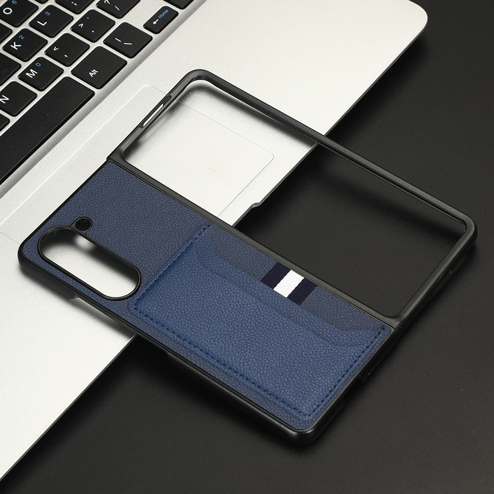 Uniqkart for Samsung Galaxy Z Fold5 5G PU Leather+PC Phone Case Litchi Texture Shockproof Card Slot Cover - Blue