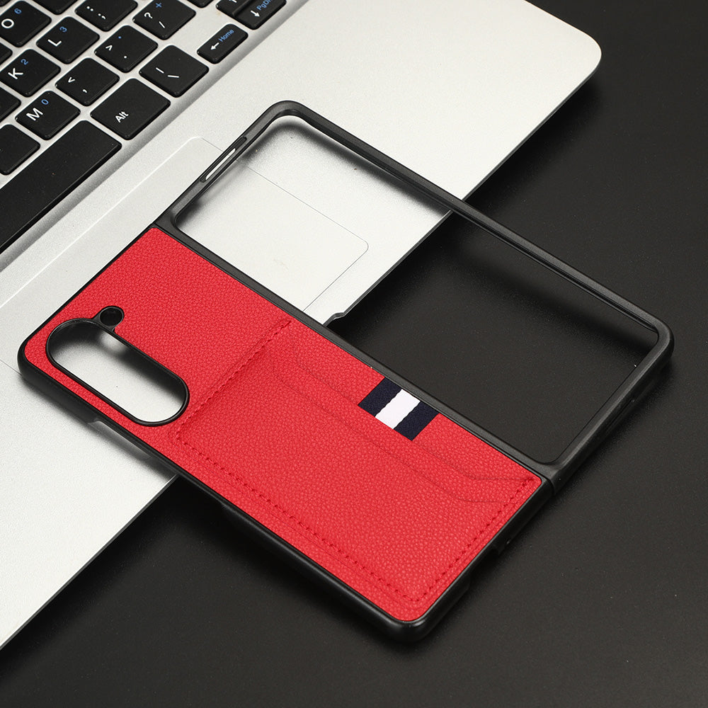 Uniqkart for Samsung Galaxy Z Fold5 5G PU Leather+PC Phone Case Litchi Texture Shockproof Card Slot Cover - Red