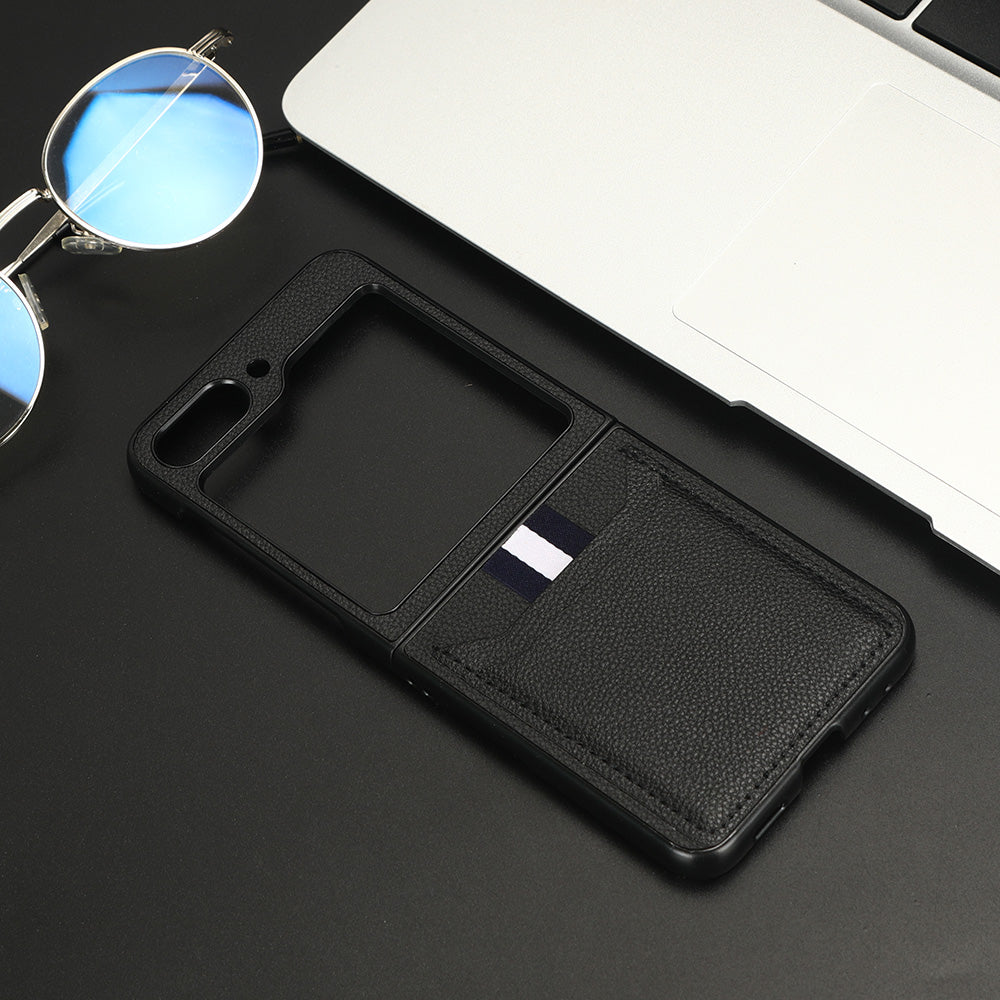 Uniqkart for Samsung Galaxy Z Flip5 5G PU Leather+PC Back Cover Ultra Thin Litchi Texture Card Slot Phone Case - Black