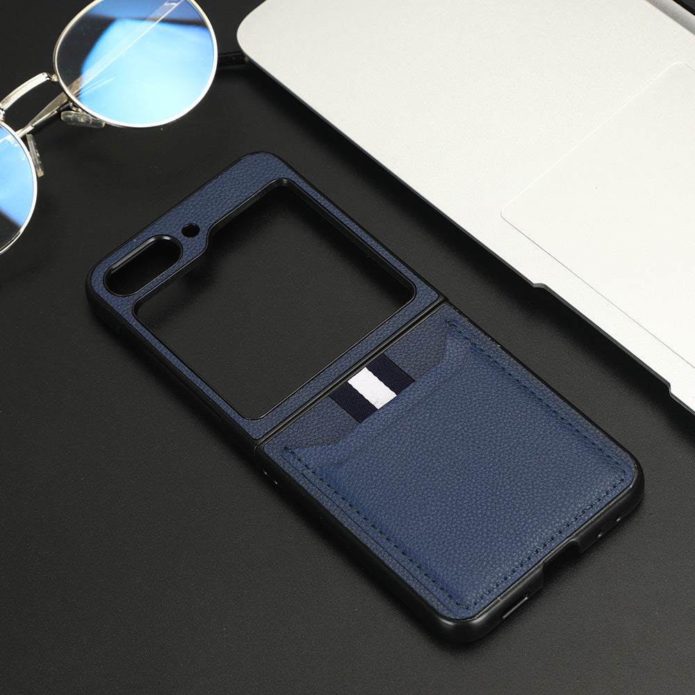 Uniqkart for Samsung Galaxy Z Flip5 5G PU Leather+PC Back Cover Ultra Thin Litchi Texture Card Slot Phone Case - Blue