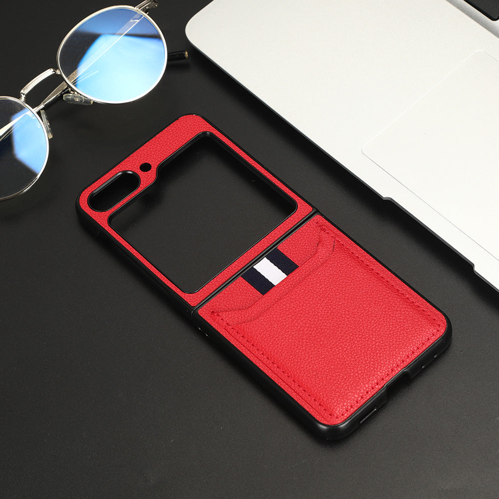 Uniqkart for Samsung Galaxy Z Flip5 5G PU Leather+PC Back Cover Ultra Thin Litchi Texture Card Slot Phone Case - Red