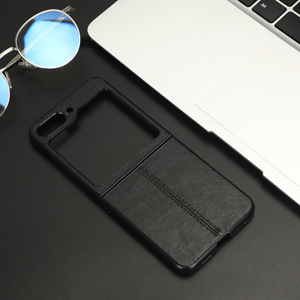 Uniqkart for Samsung Galaxy Z Flip5 5G PU Leather + Hard PC Phone Case Stitching Lines Shockproof Cover - Black