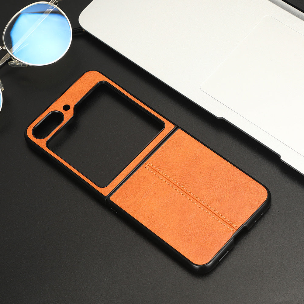 Uniqkart for Samsung Galaxy Z Flip5 5G PU Leather + Hard PC Phone Case Stitching Lines Shockproof Cover - Orange