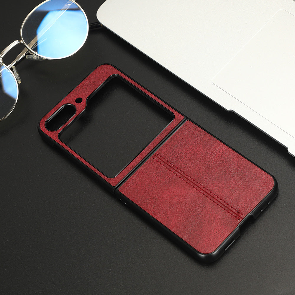 Uniqkart for Samsung Galaxy Z Flip5 5G PU Leather + Hard PC Phone Case Stitching Lines Shockproof Cover - Red