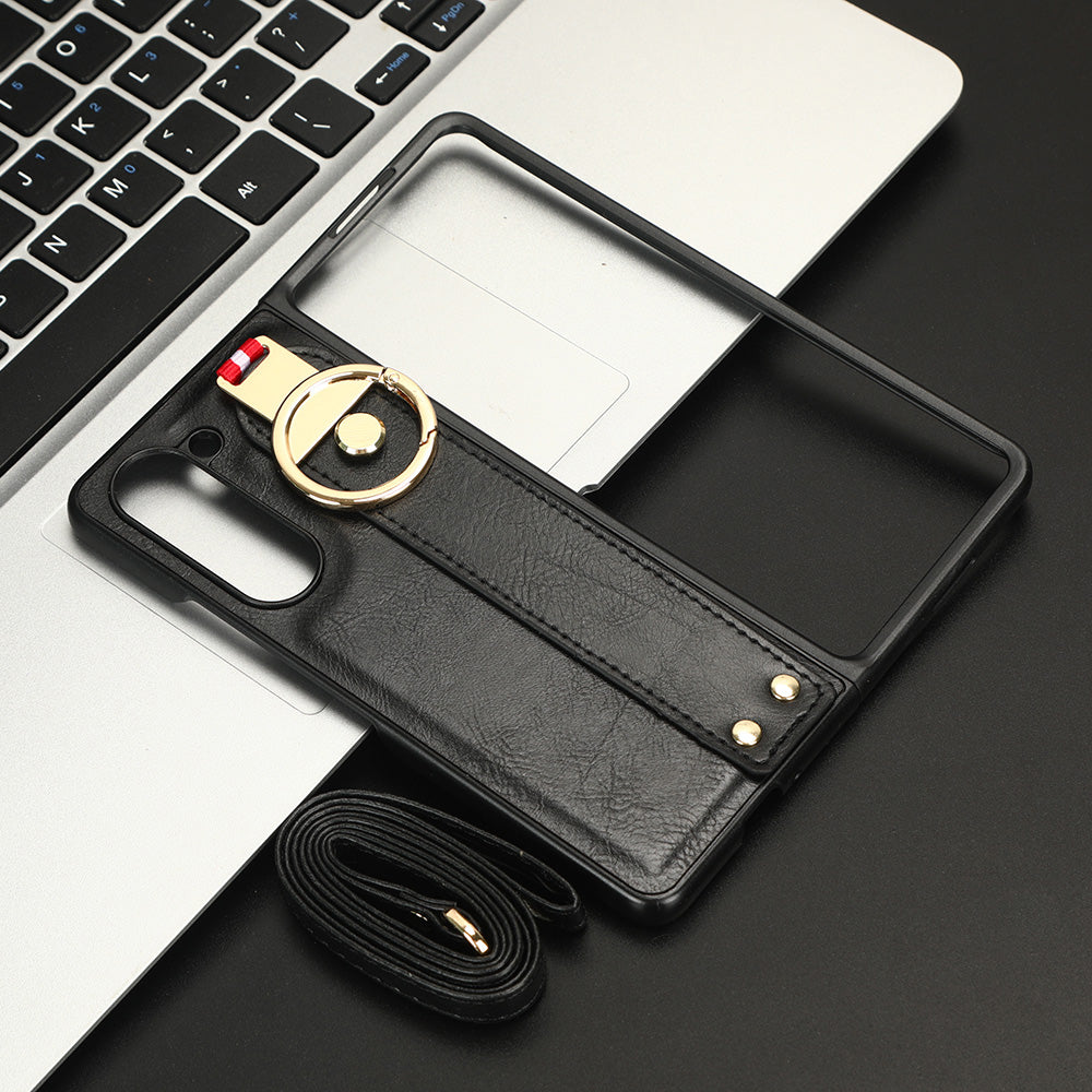 Uniqkart for Samsung Galaxy Z Fold5 5G Calf Texture PU Leather PC Case Kickstand Grip Phone Cover with Shoulder Strap - Black