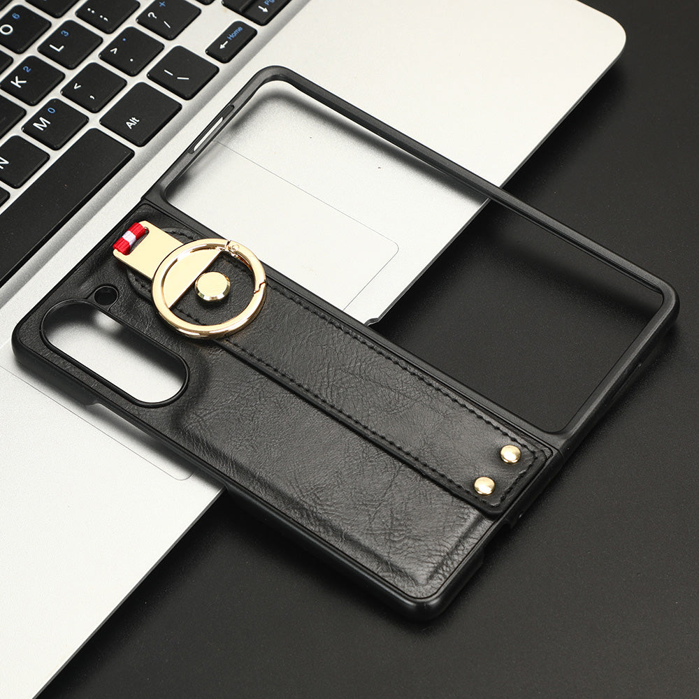 Uniqkart for Samsung Galaxy Z Fold5 5G Calf Texture PU Leather PC Case Kickstand Grip Phone Cover with Shoulder Strap - Black