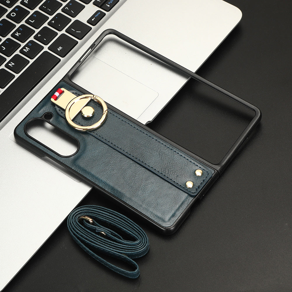 Uniqkart for Samsung Galaxy Z Fold5 5G Calf Texture PU Leather PC Case Kickstand Grip Phone Cover with Shoulder Strap - Blue