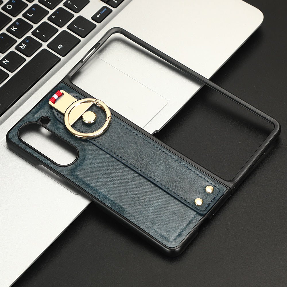 Uniqkart for Samsung Galaxy Z Fold5 5G Calf Texture PU Leather PC Case Kickstand Grip Phone Cover with Shoulder Strap - Blue