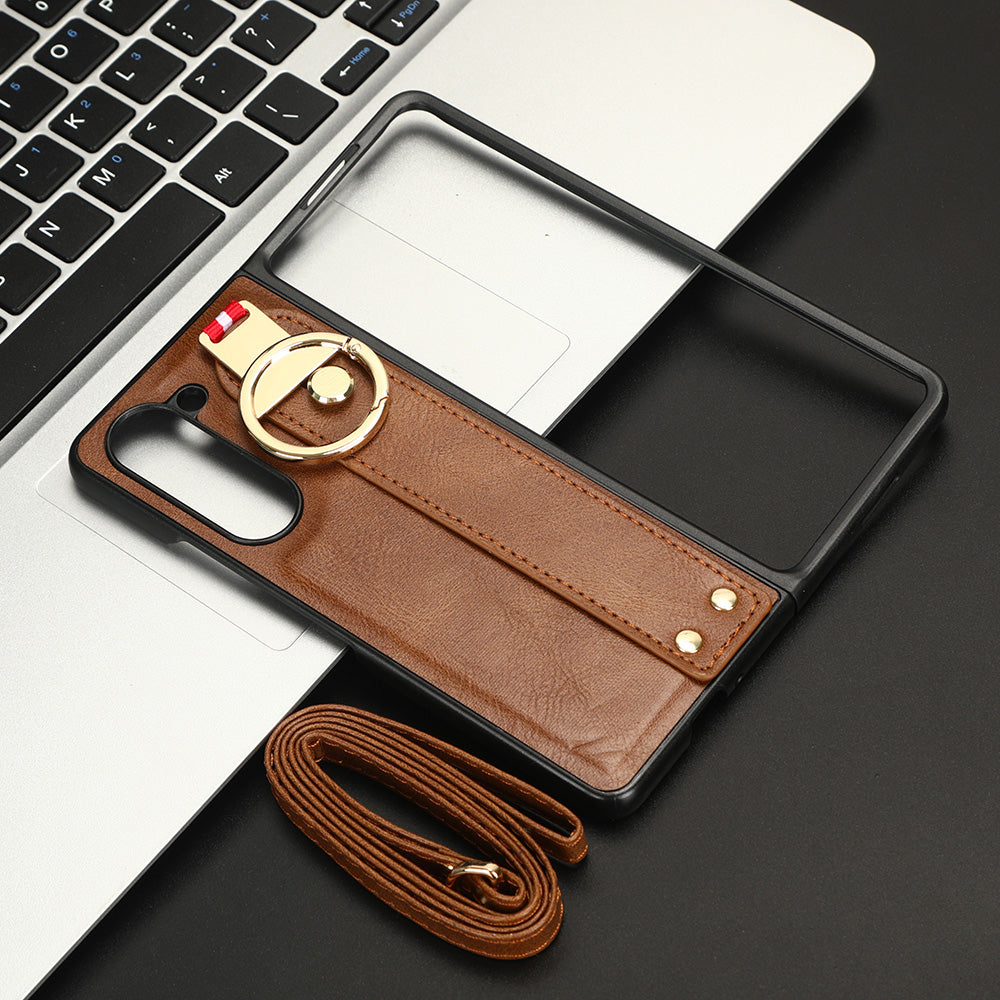 Uniqkart for Samsung Galaxy Z Fold5 5G Calf Texture PU Leather PC Case Kickstand Grip Phone Cover with Shoulder Strap - Brown