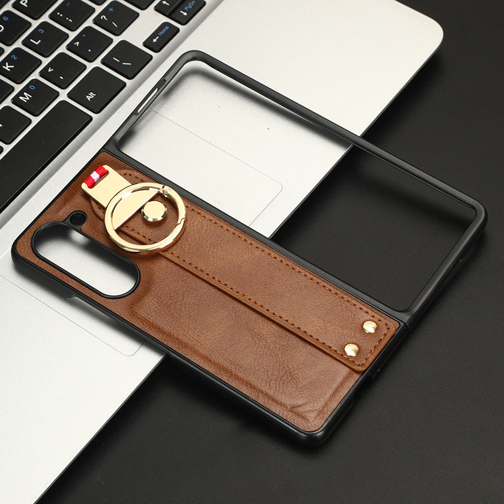 Uniqkart for Samsung Galaxy Z Fold5 5G Calf Texture PU Leather PC Case Kickstand Grip Phone Cover with Shoulder Strap - Brown
