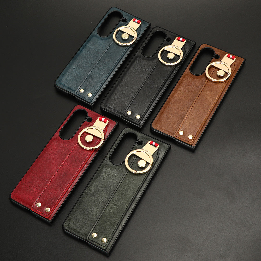 Uniqkart for Samsung Galaxy Z Fold5 5G Calf Texture PU Leather PC Case Kickstand Grip Phone Cover with Shoulder Strap - Brown