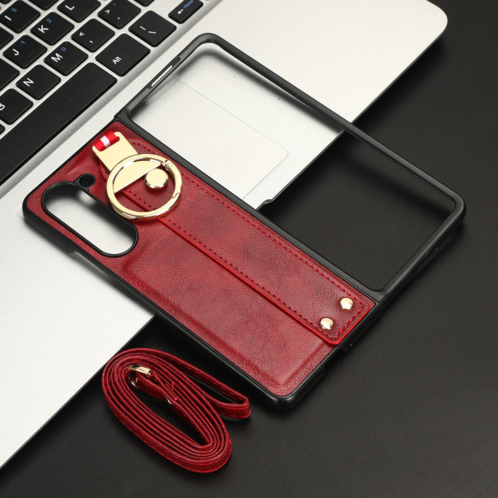 Uniqkart for Samsung Galaxy Z Fold5 5G Calf Texture PU Leather PC Case Kickstand Grip Phone Cover with Shoulder Strap - Red