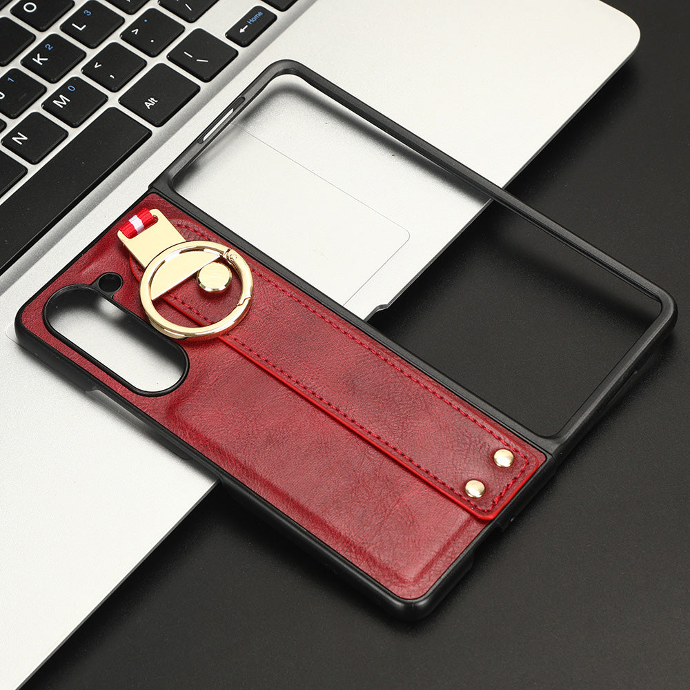 Uniqkart for Samsung Galaxy Z Fold5 5G Calf Texture PU Leather PC Case Kickstand Grip Phone Cover with Shoulder Strap - Red