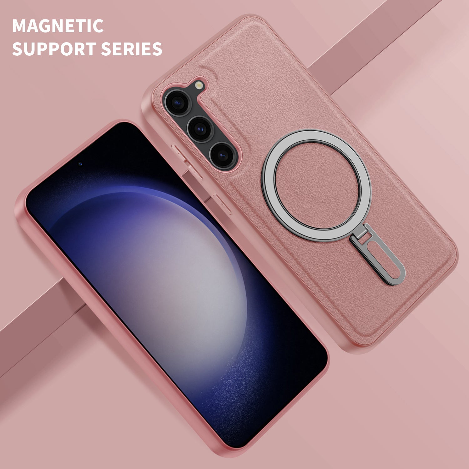 Uniqkart for Samsung Galaxy S23 Magnetic Phone Case PU Leather+PC+TPU Kickstand Cover Compatible with MagSafe - Pink