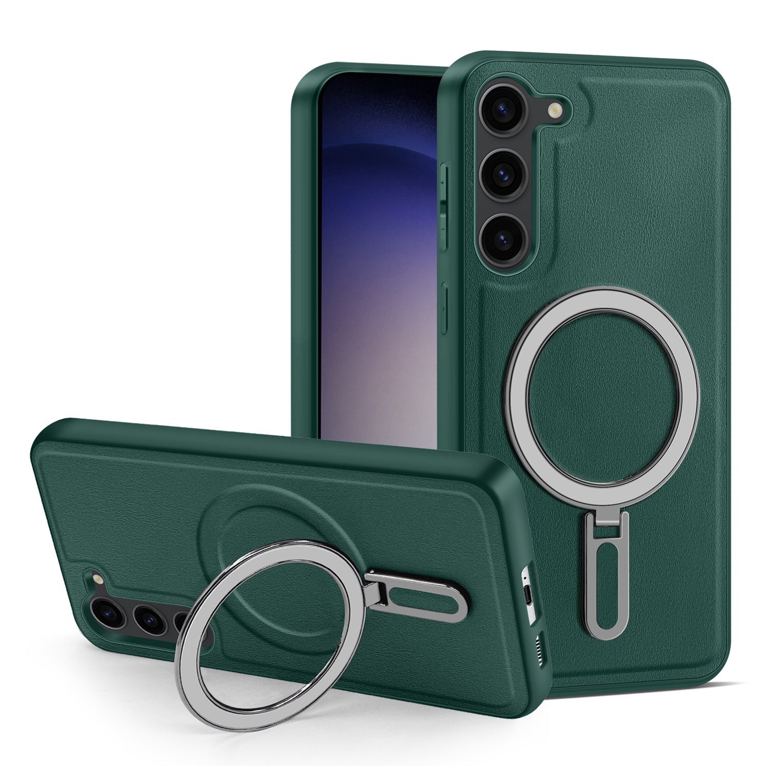 Uniqkart for Samsung Galaxy S23 Magnetic Phone Case PU Leather+PC+TPU Kickstand Cover Compatible with MagSafe - Green