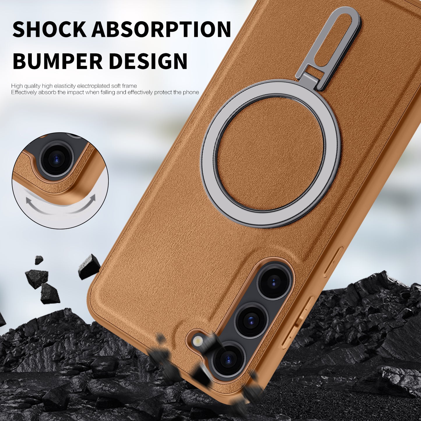 Uniqkart for Samsung Galaxy S23+ PU Leather+PC+TPU Cover Kickstand Phone Case Compatible with MagSafe - Brown