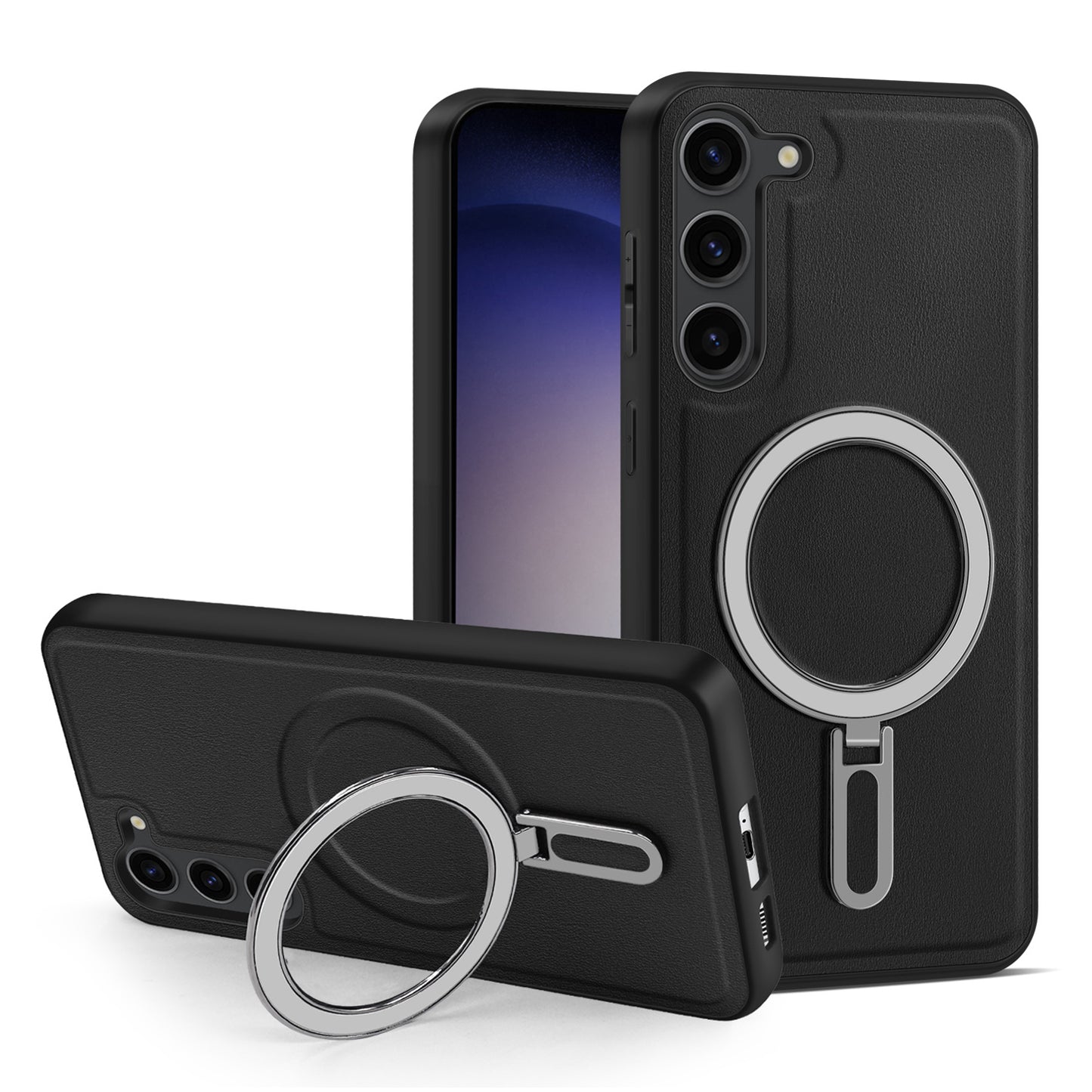 Uniqkart for Samsung Galaxy S23+ PU Leather+PC+TPU Cover Kickstand Phone Case Compatible with MagSafe - Black