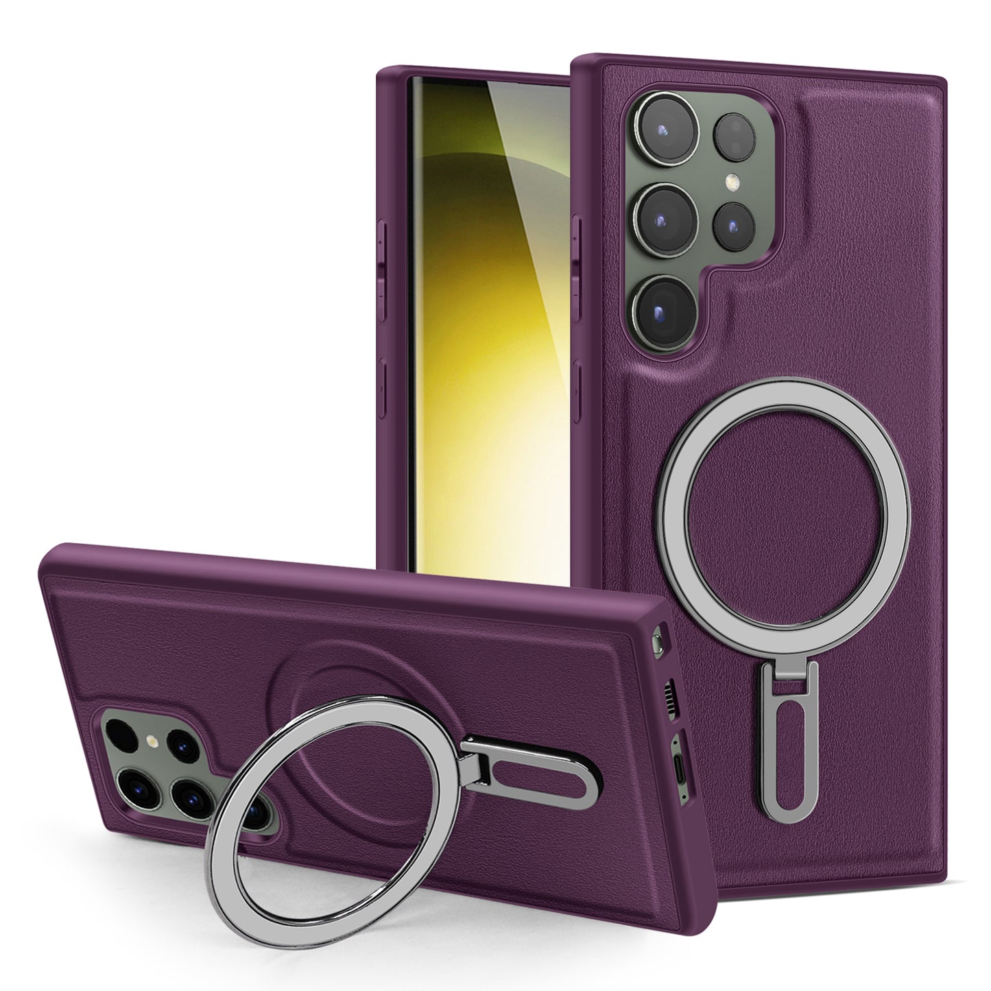 Uniqkart for Samsung Galaxy S23 Ultra Kickstand Phone Case PU Leather Coated PC+TPU Cover Compatible with MagSafe - Purple
