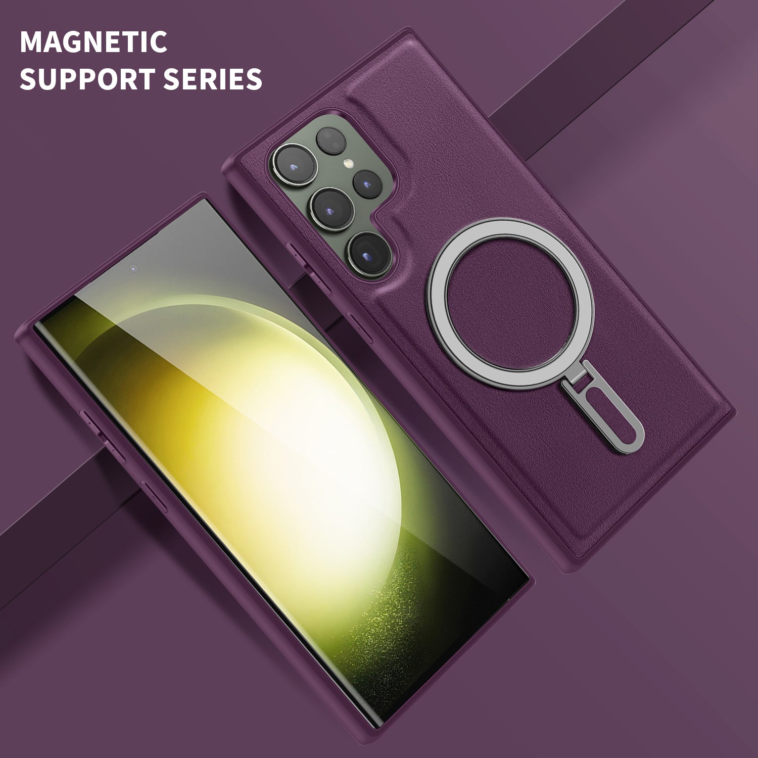 Uniqkart for Samsung Galaxy S23 Ultra Kickstand Phone Case PU Leather Coated PC+TPU Cover Compatible with MagSafe - Purple