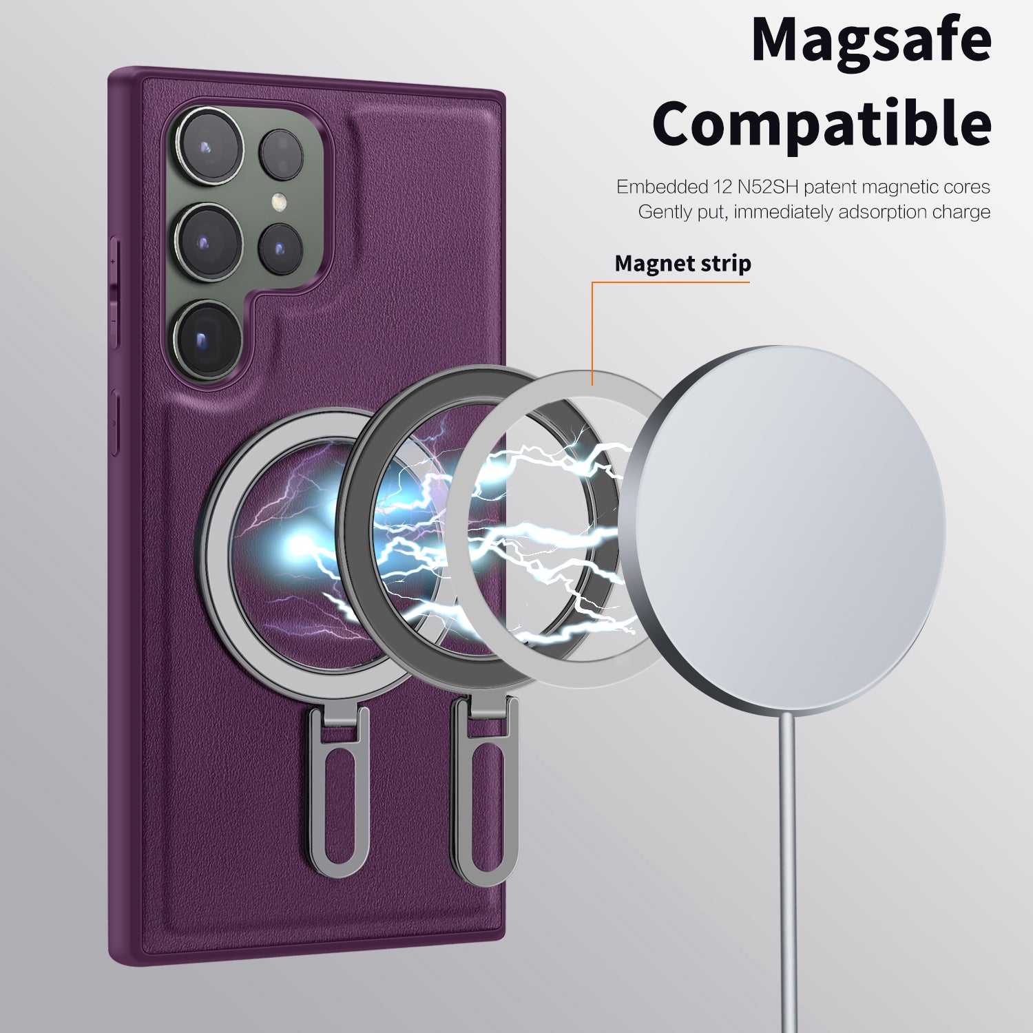Uniqkart for Samsung Galaxy S23 Ultra Kickstand Phone Case PU Leather Coated PC+TPU Cover Compatible with MagSafe - Purple