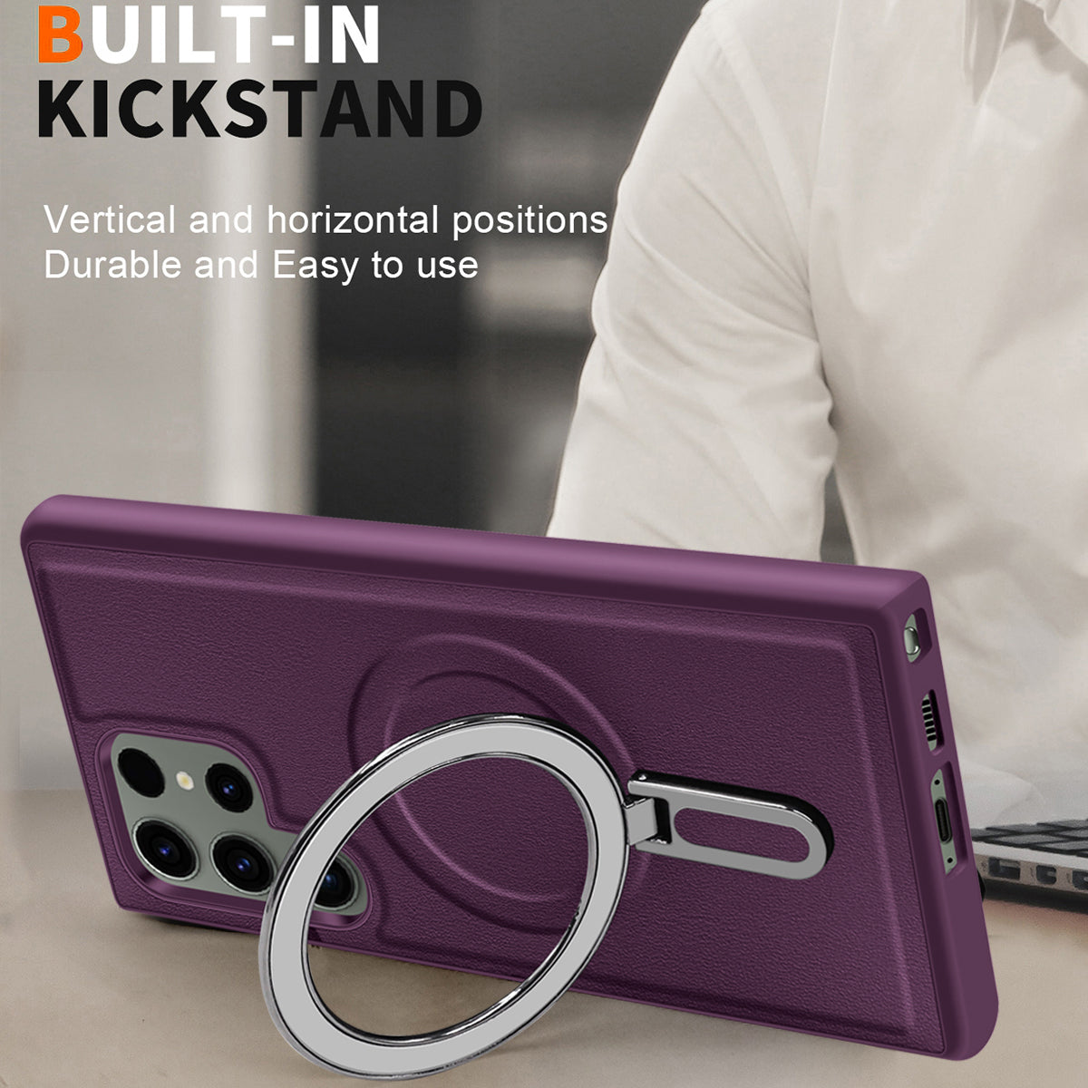 Uniqkart for Samsung Galaxy S23 Ultra Kickstand Phone Case PU Leather Coated PC+TPU Cover Compatible with MagSafe - Purple