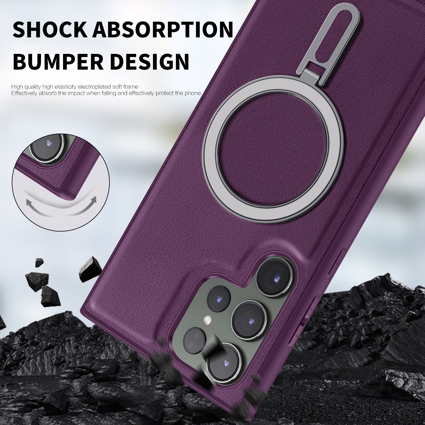 Uniqkart for Samsung Galaxy S23 Ultra Kickstand Phone Case PU Leather Coated PC+TPU Cover Compatible with MagSafe - Purple