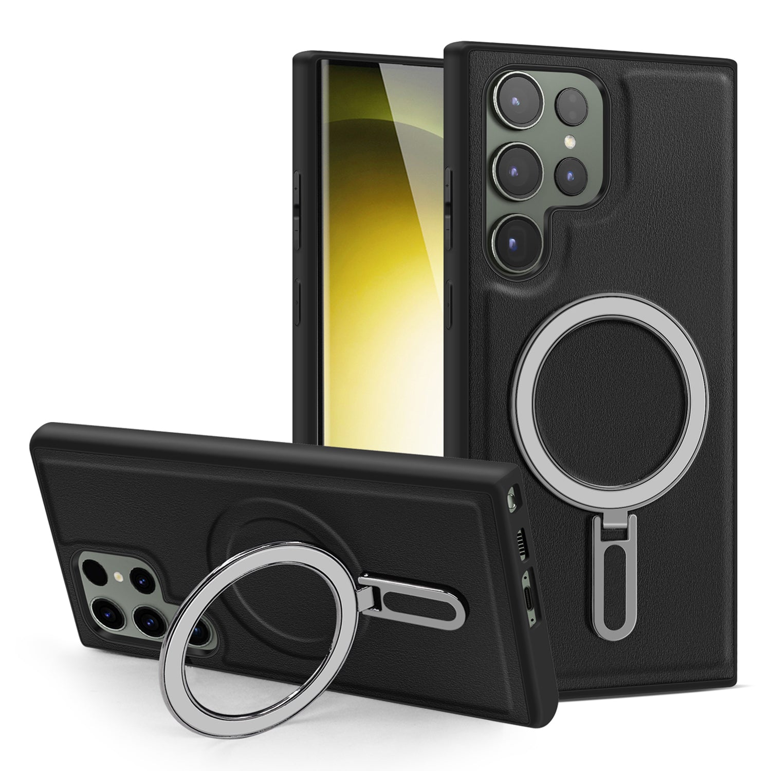 Uniqkart for Samsung Galaxy S23 Ultra Kickstand Phone Case PU Leather Coated PC+TPU Cover Compatible with MagSafe - Black