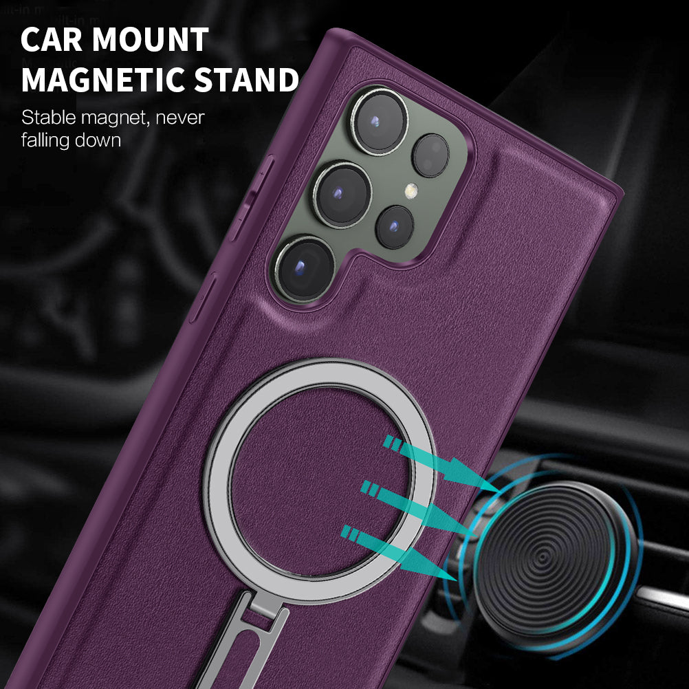 Uniqkart for Samsung Galaxy S23 Ultra Kickstand Phone Case PU Leather Coated PC+TPU Cover Compatible with MagSafe - Black