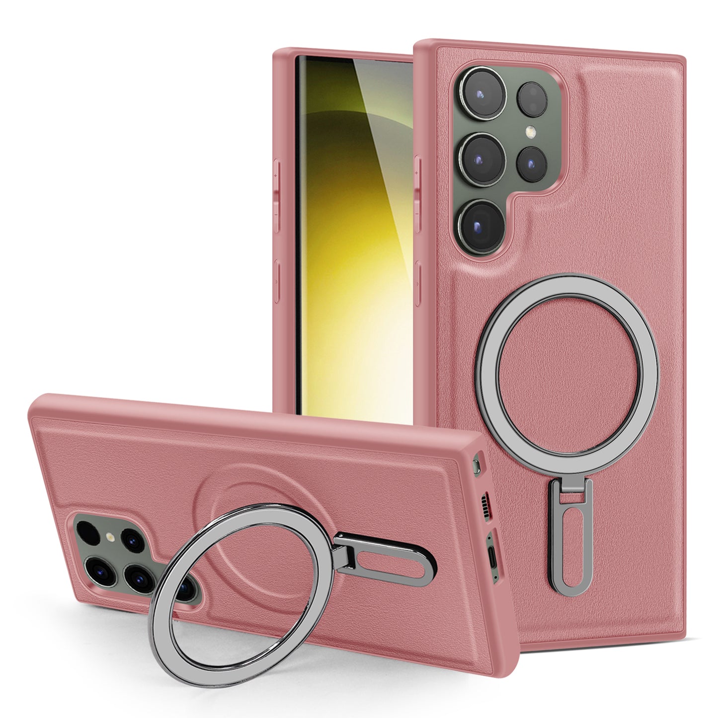 Uniqkart for Samsung Galaxy S23 Ultra Kickstand Phone Case PU Leather Coated PC+TPU Cover Compatible with MagSafe - Pink
