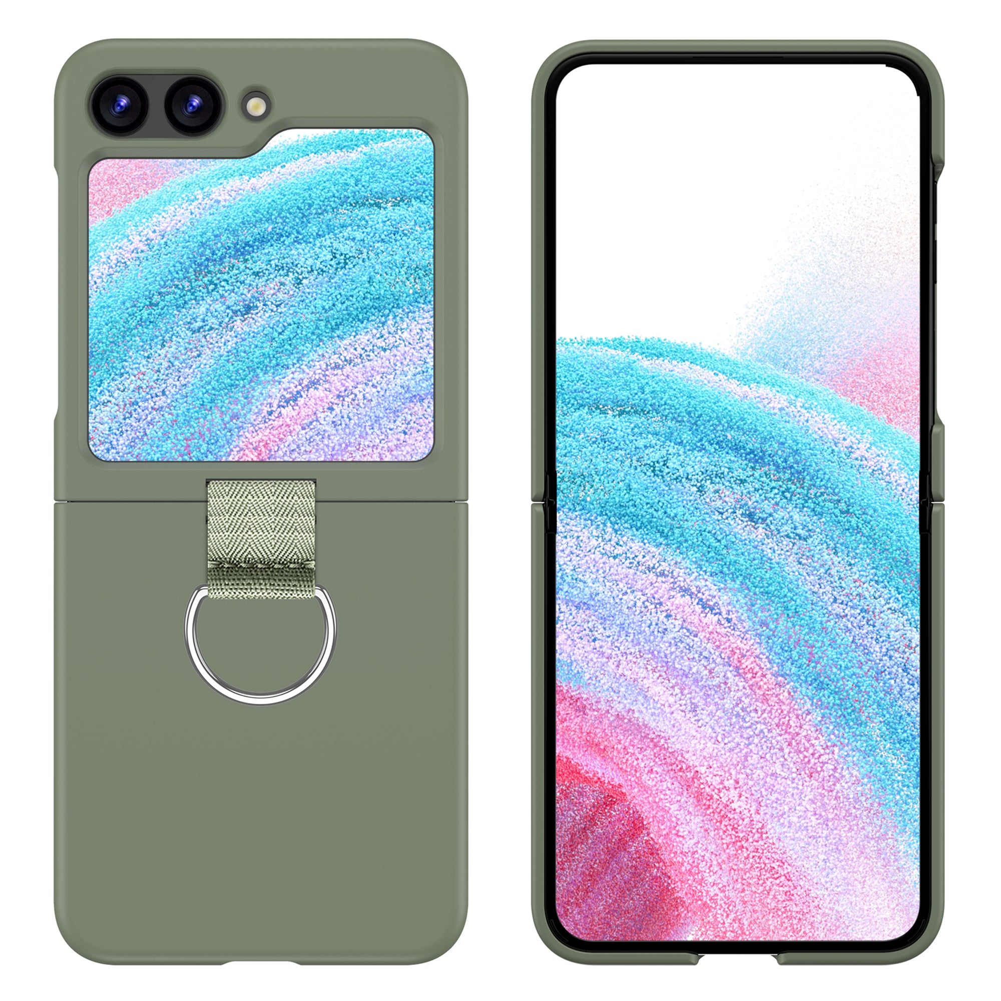 Uniqkart for Samsung Galaxy Z Flip5 5G Hard PC Phone Case Anti-scratch Cover with D-Shape Ring Holder - Light Green