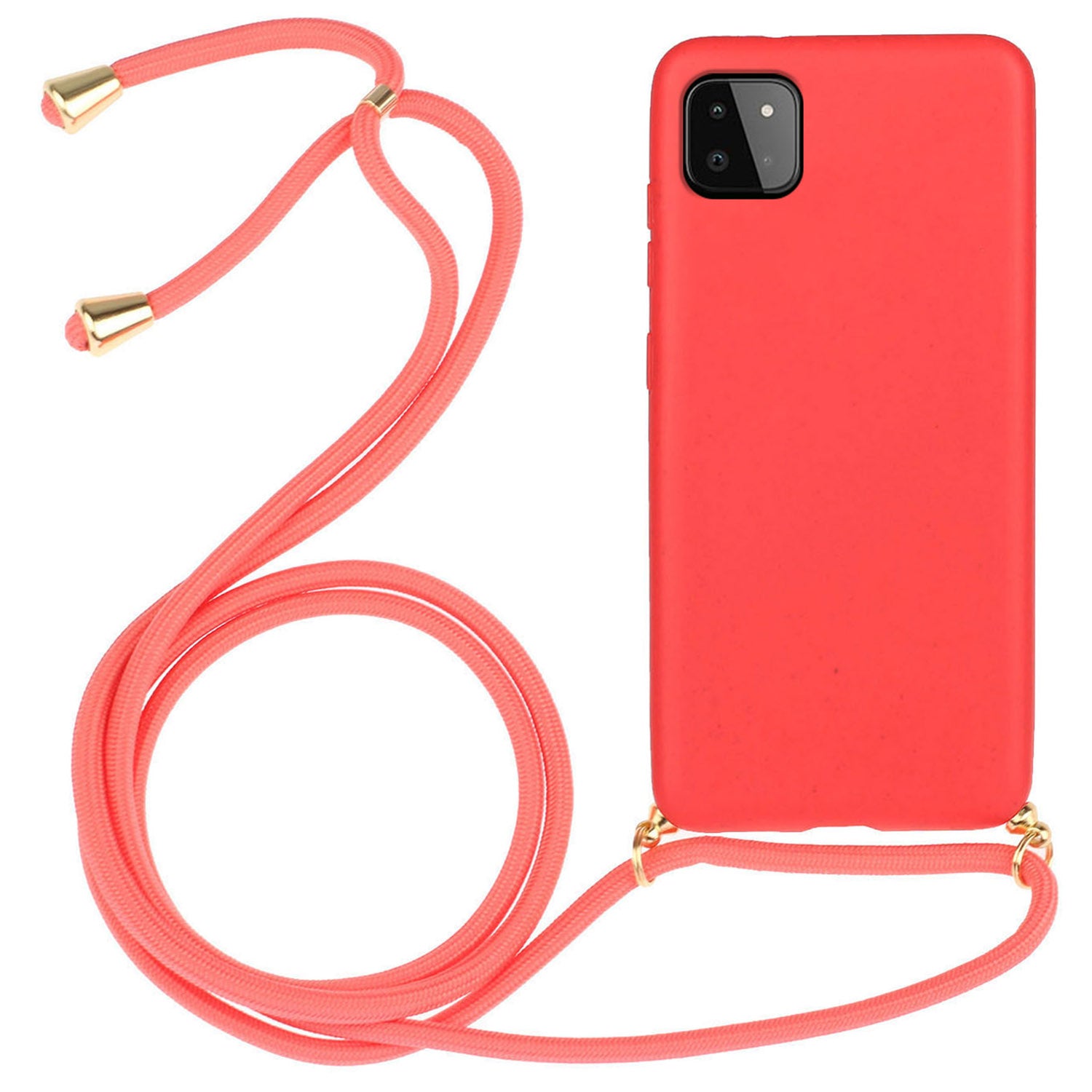 Uniqkart for Samsung Galaxy A22 5G (EU Version) Biodegradable Wheat Straw+TPU Case Phone Cover with Lanyard - Red