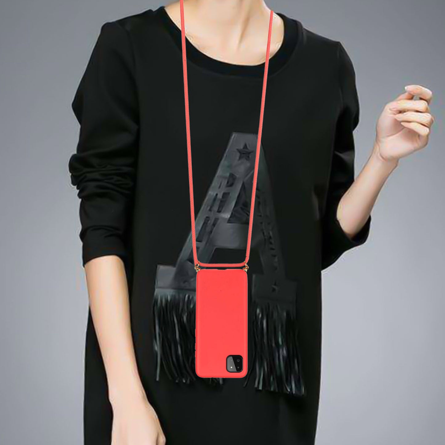 Uniqkart for Samsung Galaxy A22 5G (EU Version) Biodegradable Wheat Straw+TPU Case Phone Cover with Lanyard - Red