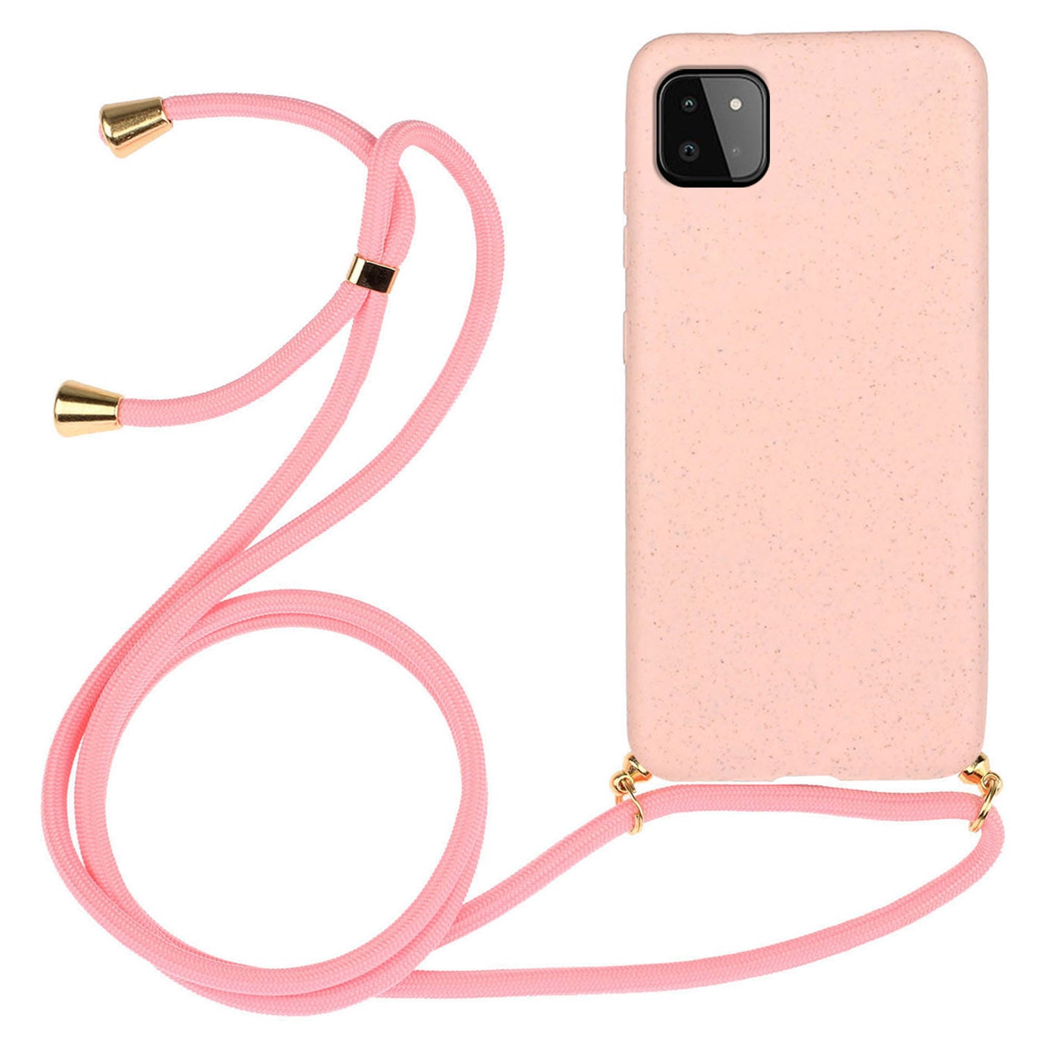 Uniqkart for Samsung Galaxy A22 5G (EU Version) Biodegradable Wheat Straw+TPU Case Phone Cover with Lanyard - Pink