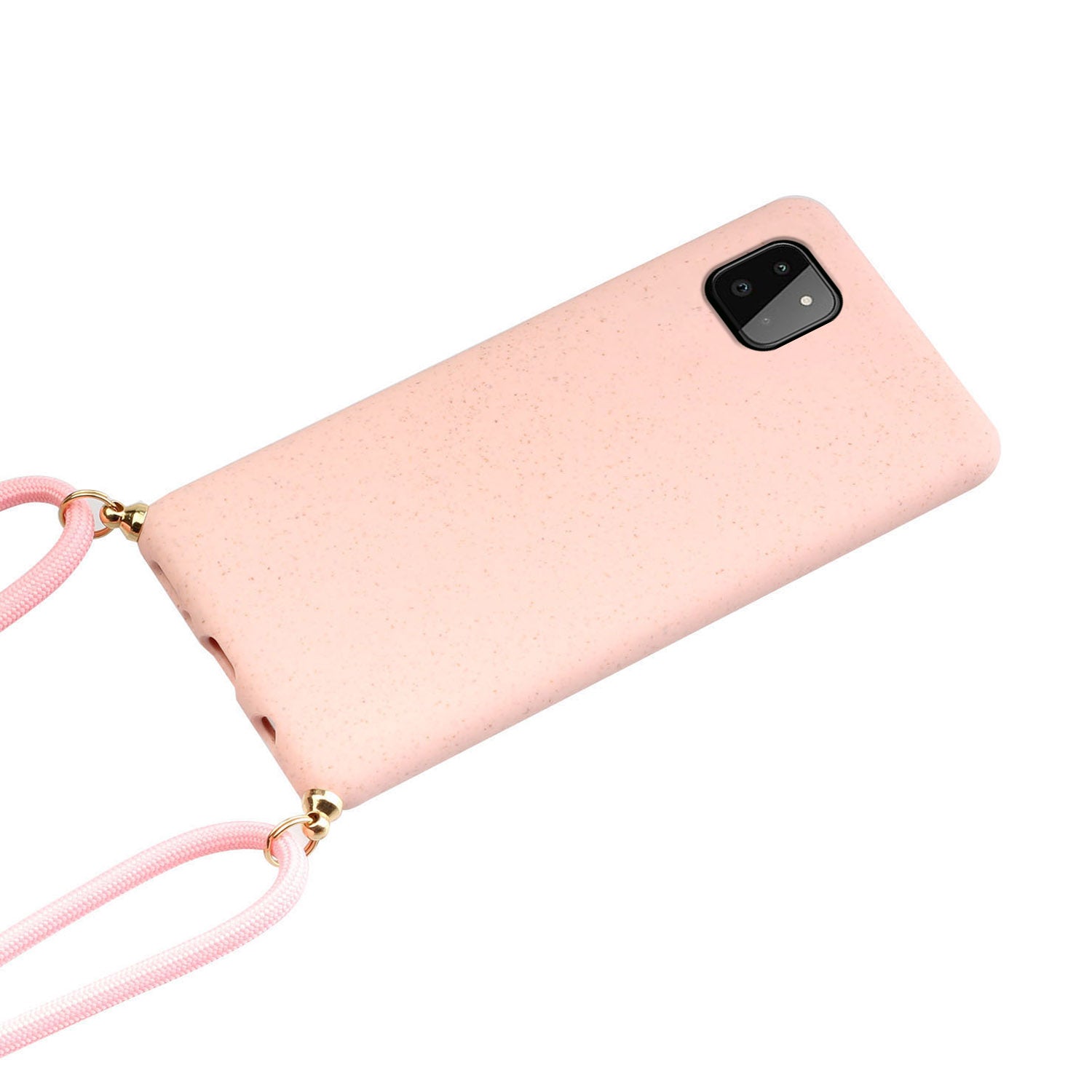 Uniqkart for Samsung Galaxy A22 5G (EU Version) Biodegradable Wheat Straw+TPU Case Phone Cover with Lanyard - Pink