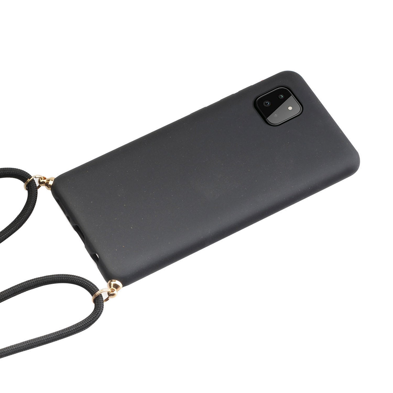 Uniqkart for Samsung Galaxy A22 5G (EU Version) Biodegradable Wheat Straw+TPU Case Phone Cover with Lanyard - Black
