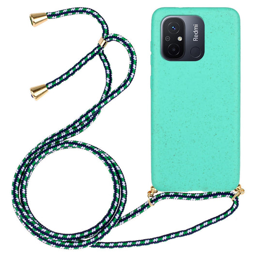Uniqkart for Xiaomi Redmi 12C 4G / Poco C55 4G Wheat Straw+TPU Case Biodegradable Phone Cover with Lanyard - Sky Blue