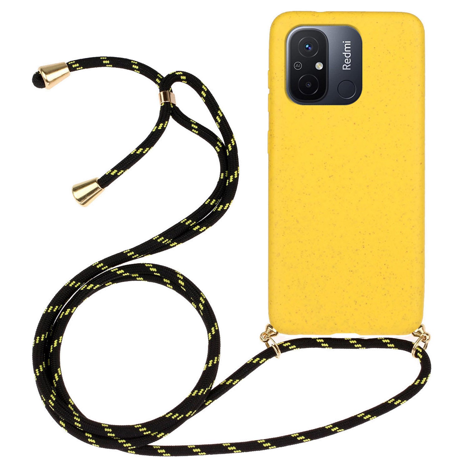 Uniqkart for Xiaomi Redmi 12C 4G / Poco C55 4G Wheat Straw+TPU Case Biodegradable Phone Cover with Lanyard - Yellow