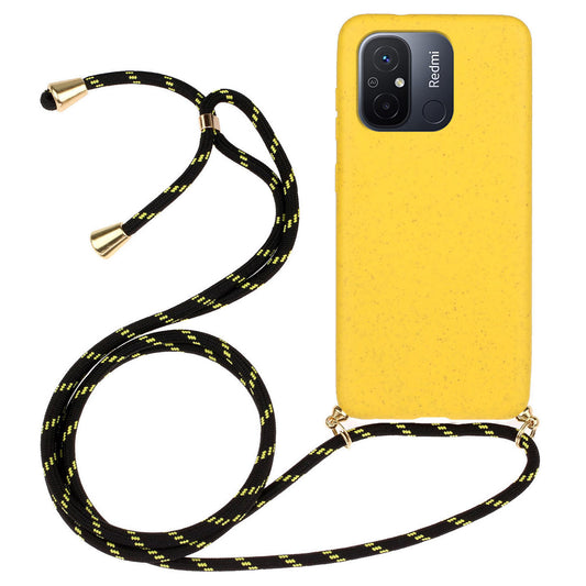 Uniqkart for Xiaomi Redmi 12C 4G / Poco C55 4G Wheat Straw+TPU Case Biodegradable Phone Cover with Lanyard - Yellow