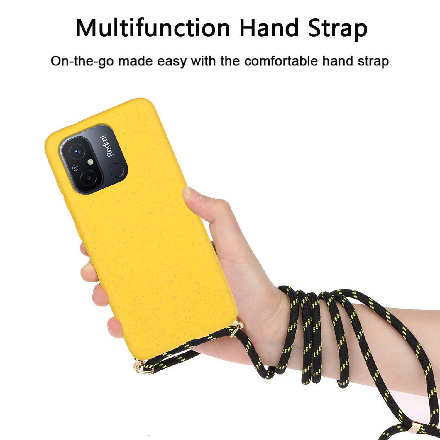 Uniqkart for Xiaomi Redmi 12C 4G / Poco C55 4G Wheat Straw+TPU Case Biodegradable Phone Cover with Lanyard - Yellow