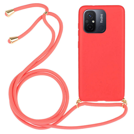 Uniqkart for Xiaomi Redmi 12C 4G / Poco C55 4G Wheat Straw+TPU Case Biodegradable Phone Cover with Lanyard - Red