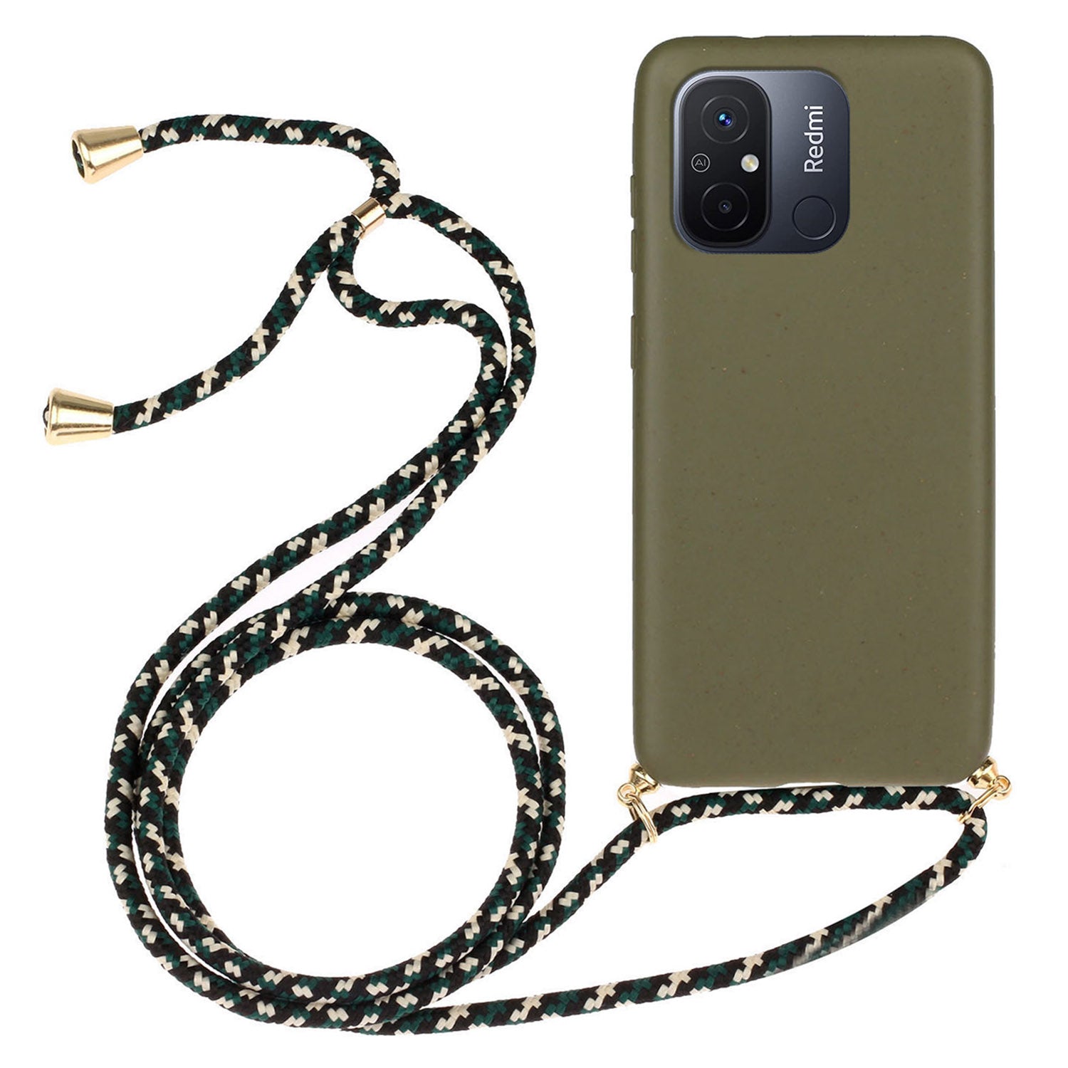 Uniqkart for Xiaomi Redmi 12C 4G / Poco C55 4G Wheat Straw+TPU Case Biodegradable Phone Cover with Lanyard - Army Green