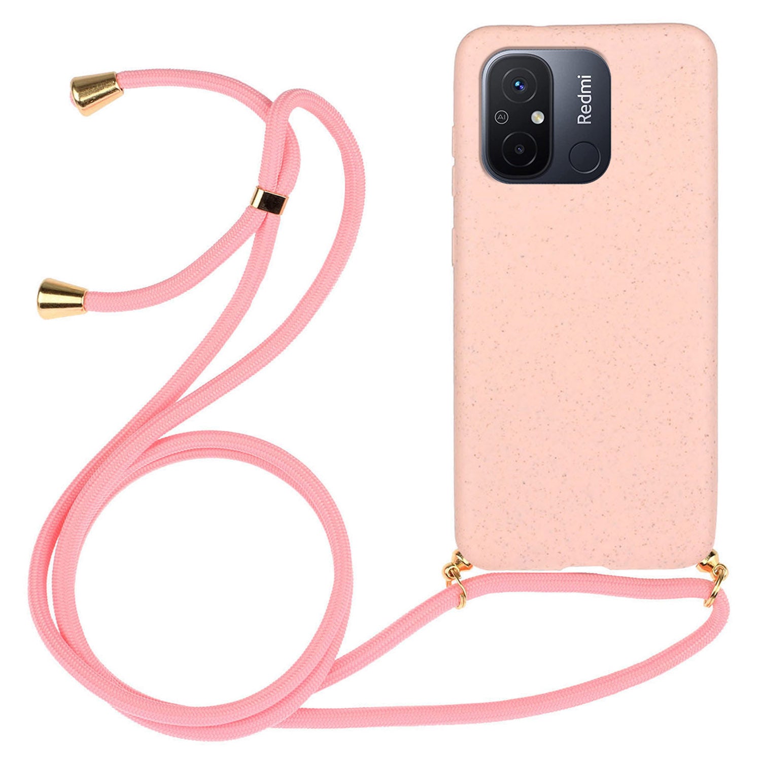 Uniqkart for Xiaomi Redmi 12C 4G / Poco C55 4G Wheat Straw+TPU Case Biodegradable Phone Cover with Lanyard - Pink