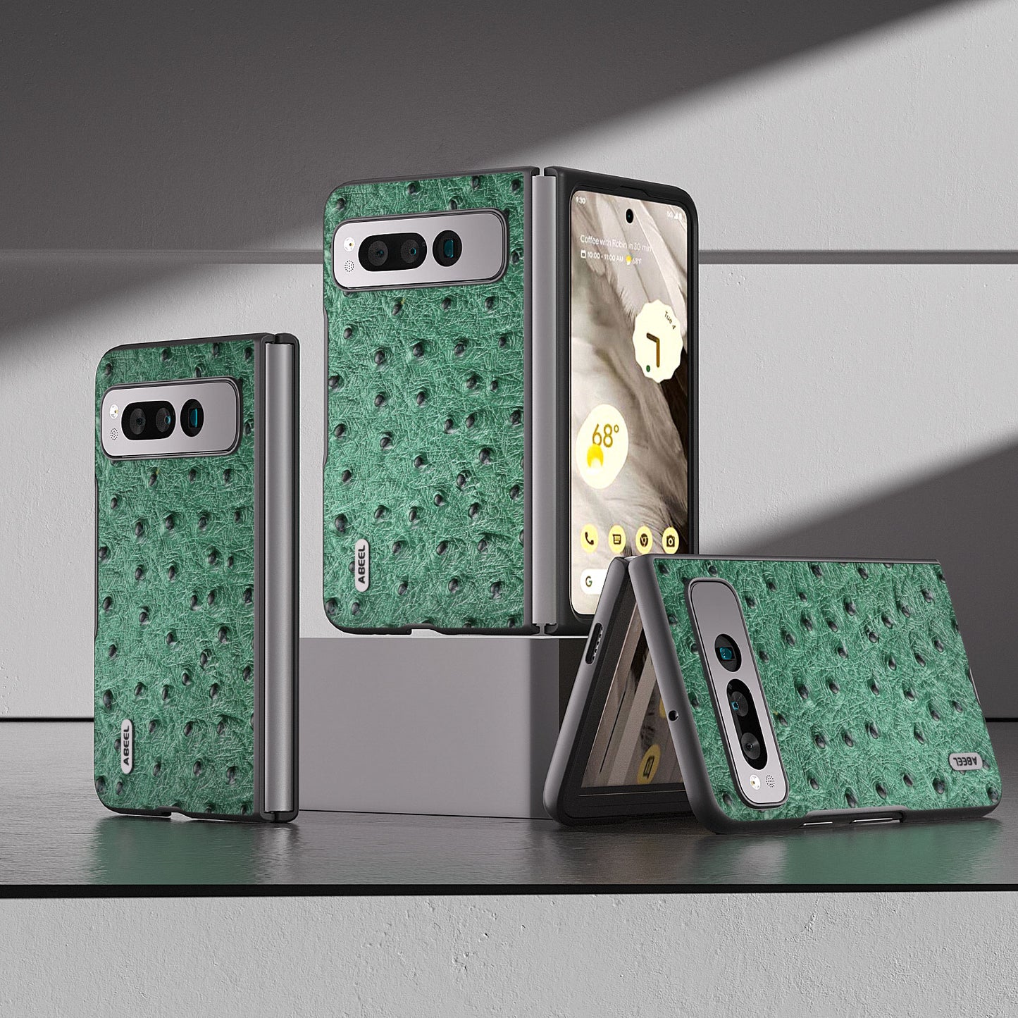 Uniqkart for Google Pixel Fold Phone Case Ostrich Texture Genuine Cow Leather + PC Cover - Green