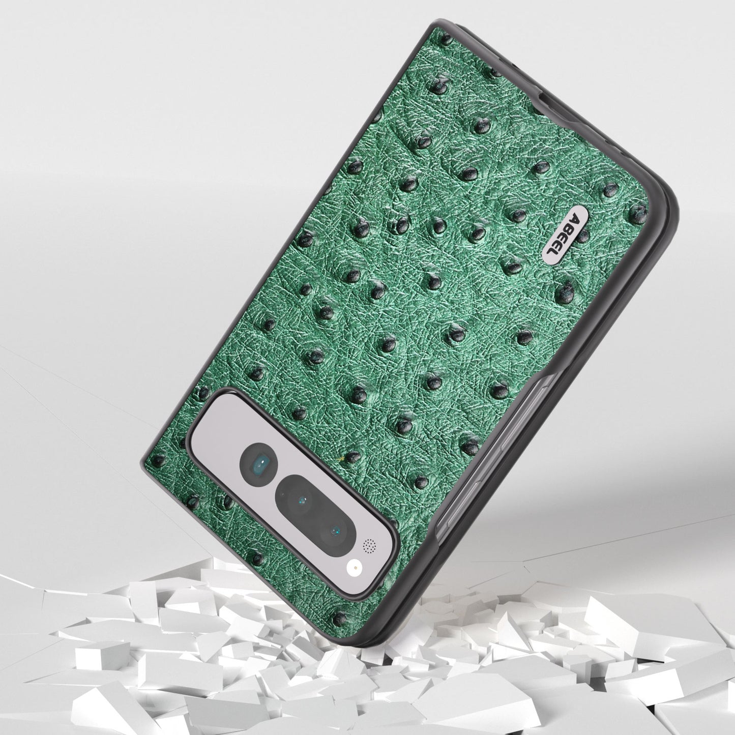 Uniqkart for Google Pixel Fold Phone Case Ostrich Texture Genuine Cow Leather + PC Cover - Green