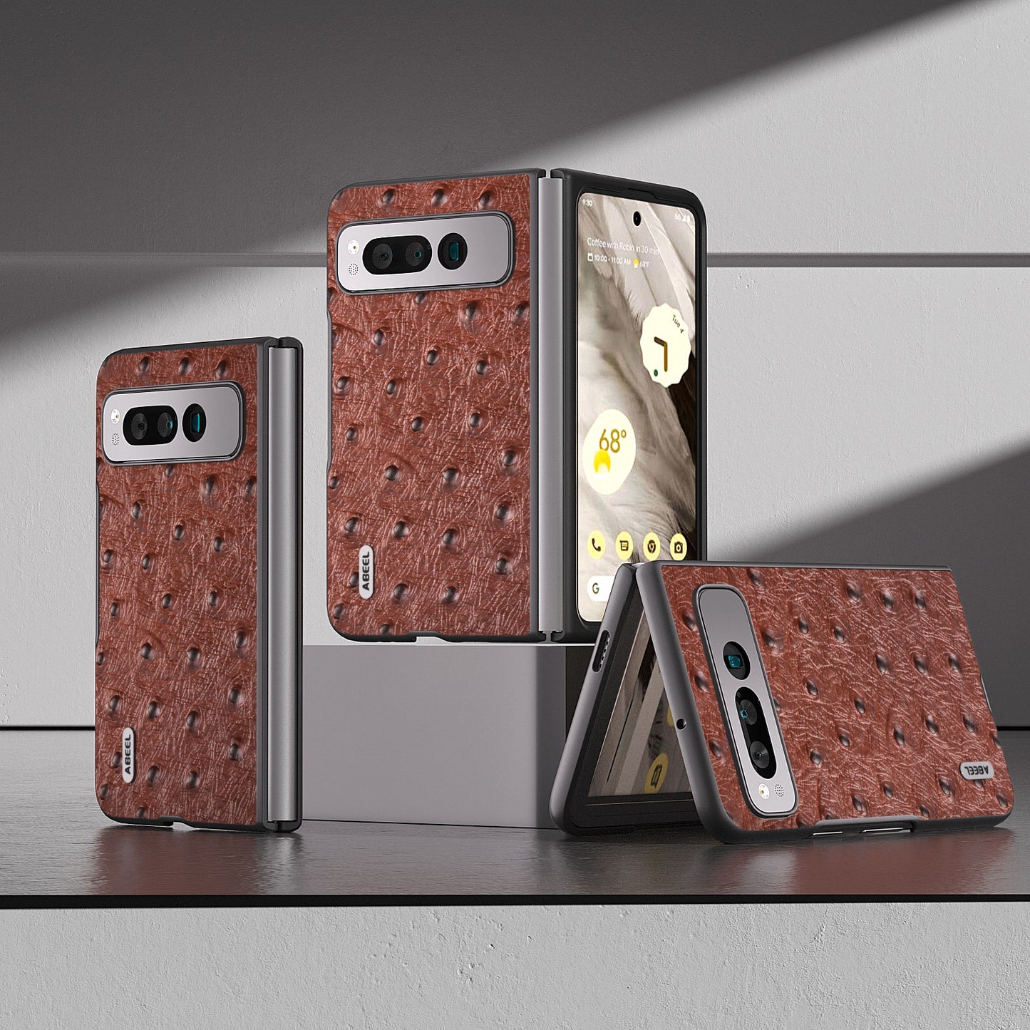 Uniqkart for Google Pixel Fold Phone Case Ostrich Texture Genuine Cow Leather + PC Cover - Coffee