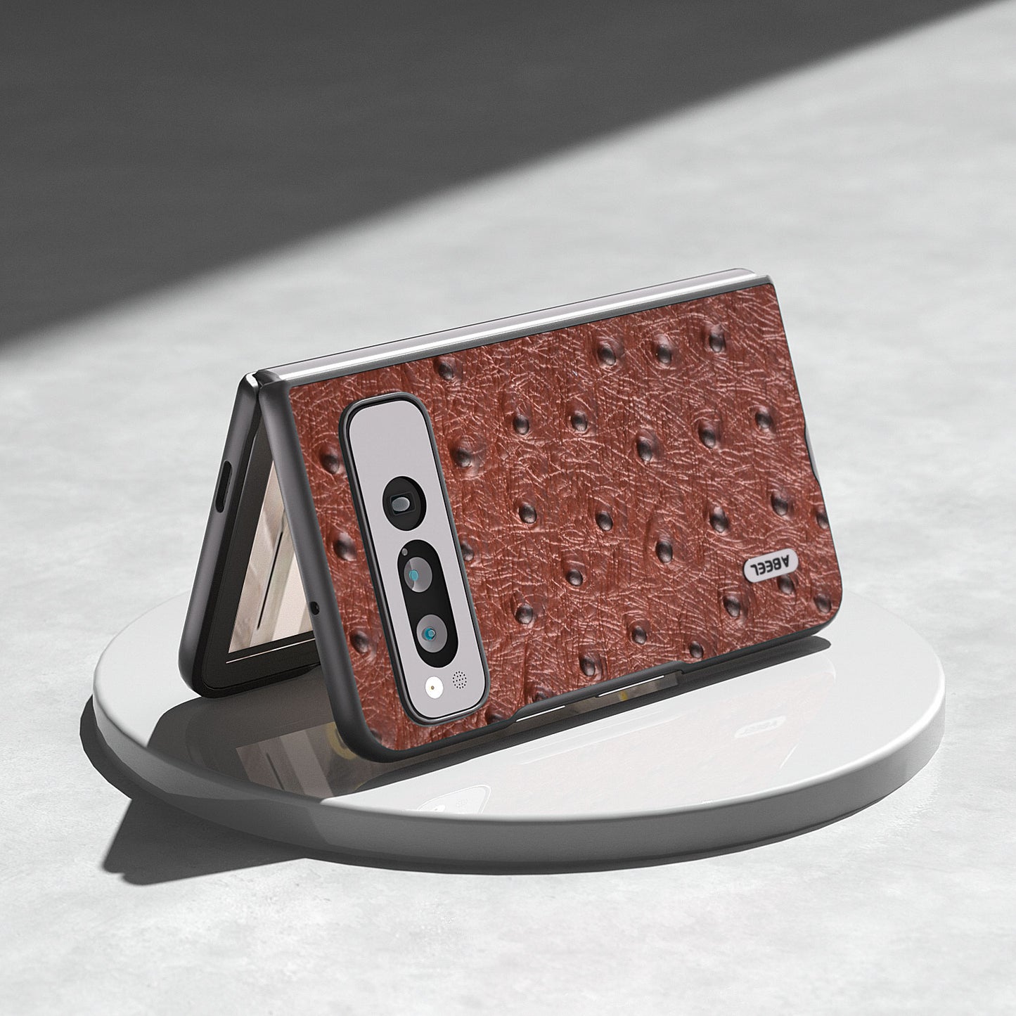 Uniqkart for Google Pixel Fold Phone Case Ostrich Texture Genuine Cow Leather + PC Cover - Coffee