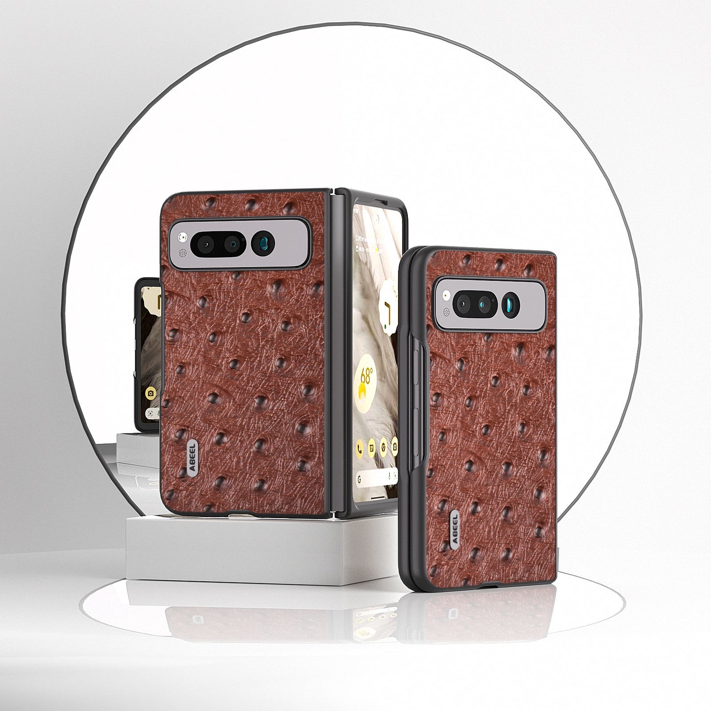 Uniqkart for Google Pixel Fold Phone Case Ostrich Texture Genuine Cow Leather + PC Cover - Coffee
